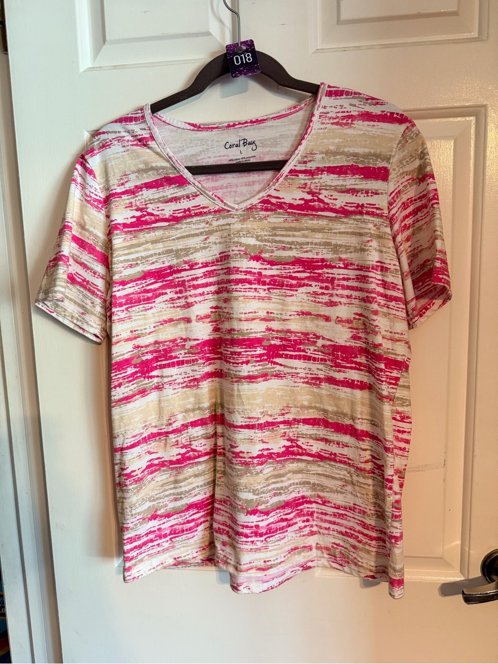 Coral Bay Pink and Beige Striped V-Neck Short Sleeve Top